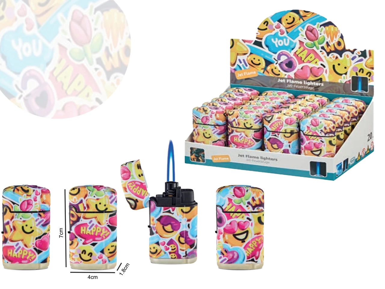 Jet Flame Aanstekers - Turbo Aansteker - 20 Stuks In Display - 360° Happy Smiley Print - Soft Touch