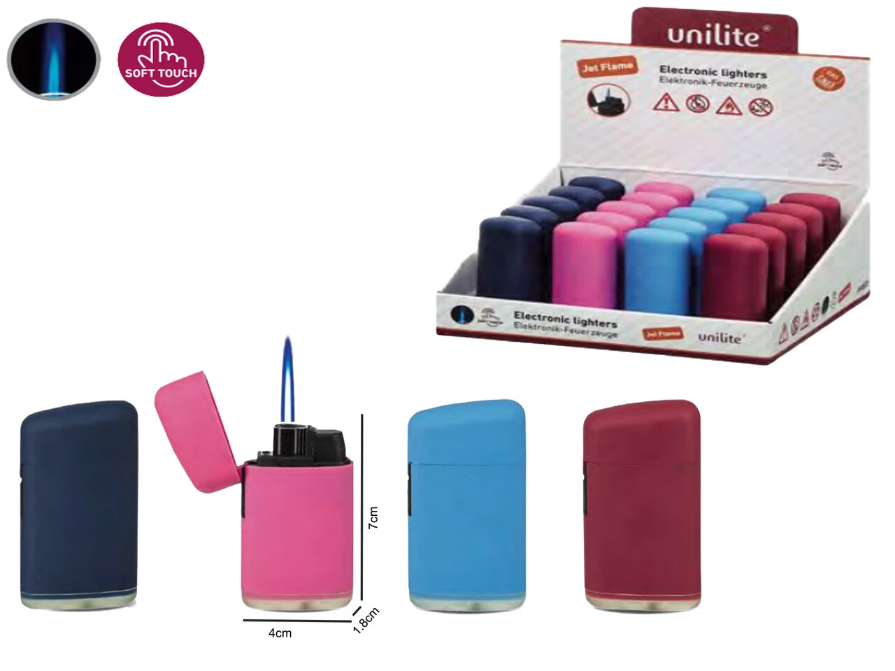 Jet Flame Unilite Aanstekers - Turbo Wind Aansteker - 20 Stuks In Display - 4 Ass. Soft Color - Soft Touch Lighters