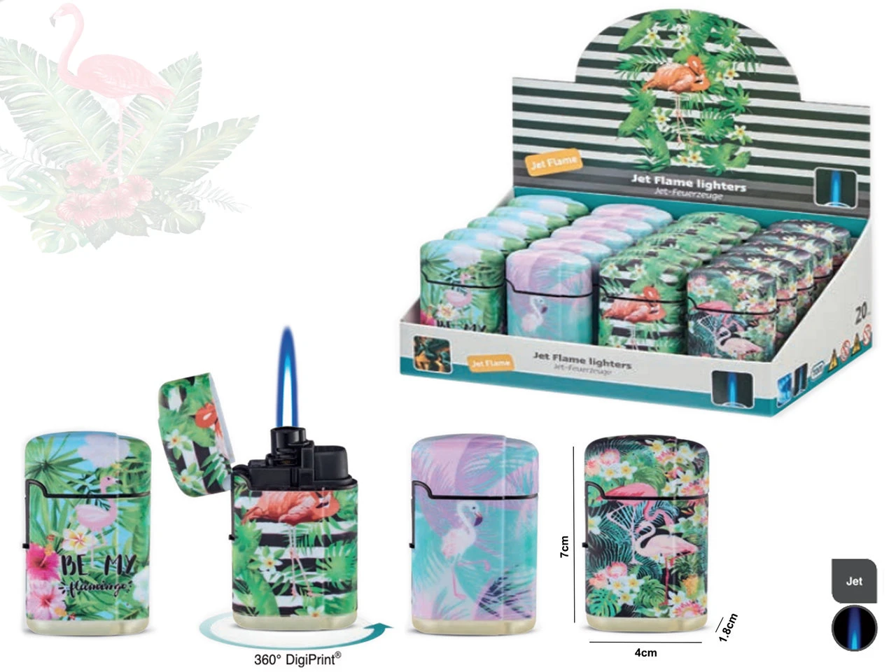 Jet Flame Turbo Aanstekers - Wind Aansteker - 20 Stuks In Display - 360° Flamingo Print Branders - Soft Touch
